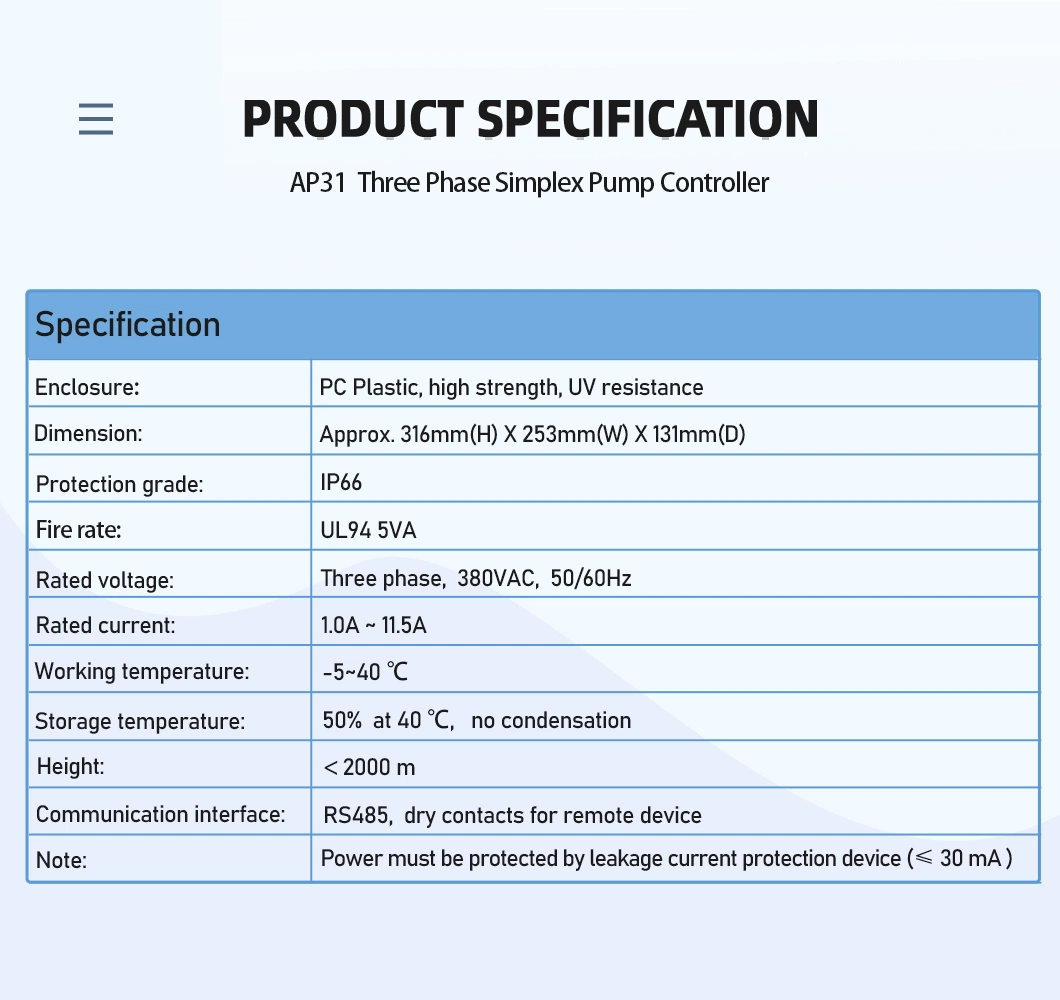 Intelligent Pump Controller for Sewage Pump Control, Three Phase Simplex, 380VAC, Full Pump Protection Function, High Level Alarm, Weekly Exerciser